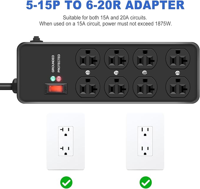 20Amp Power Strip Surge Protector, Durable Metal 8-Outlet with Heavy Duty 20 Amp 10Ft 12 Gauge Extension Cord, for Garage, Workshop & Industrial Use with 6-20R T-Slot Outlets, 4800J