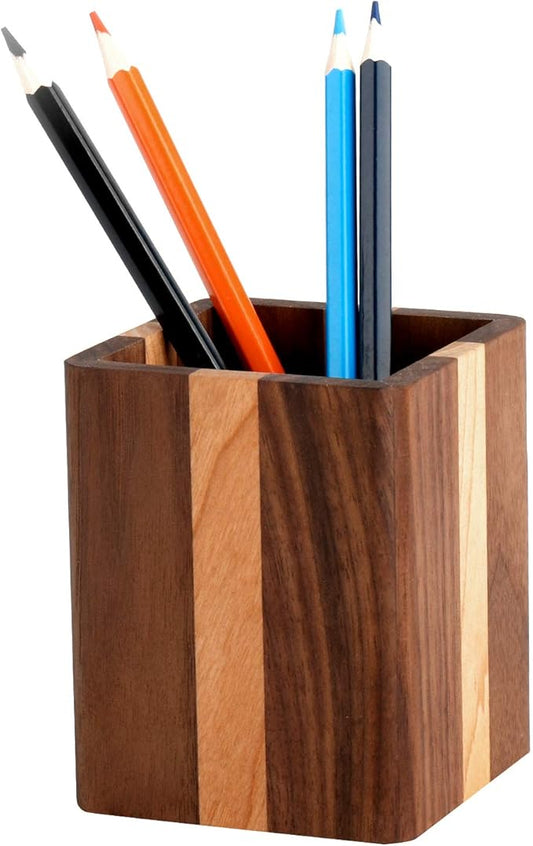 Walnut Pencil Holder Wood Pen Holder For Desk Pen Cup Organizer Ofiice Pencil Stand Simple(Cherry center walnut side)