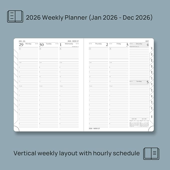 POPRUN 2026 Planner (Medium Size 8.5''x 6.5'' Hardcover) - Daily Weekly and Monthly Calendar Agenda 2026 Appointment Book with Hourly Time Slots, Monthly Tabs, 100 GSM - Light Pink