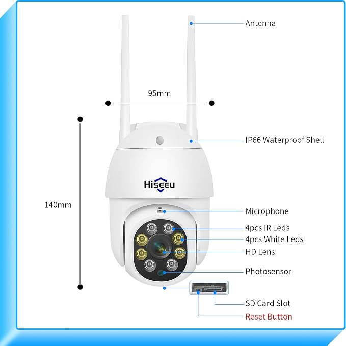 Hiseeu 3MP 360° Pan Tilt Camera WiFi Security Camera Outdoor Motion Tracking - Image 8