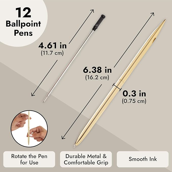 Juvale Gold Ballpoint Pens - Pack of 12, 1 mm Medium Point, Black Ink - Metal Twist-Action Design for Consistent Ink Flow - Pens for Wedding Guest Book & Gold Office Supplies