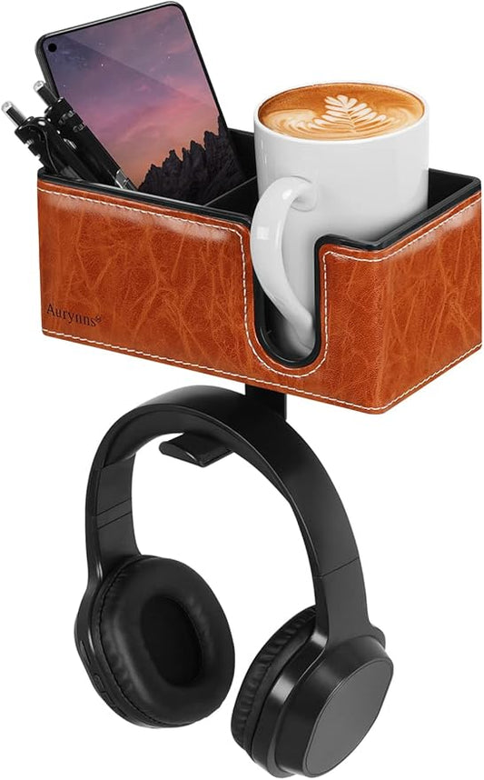 Desk Cup Holder Clip on Pen Holder Headphone Hanger Headset Stand Rotatable Clamp Hook Under Desk (Light Brown)