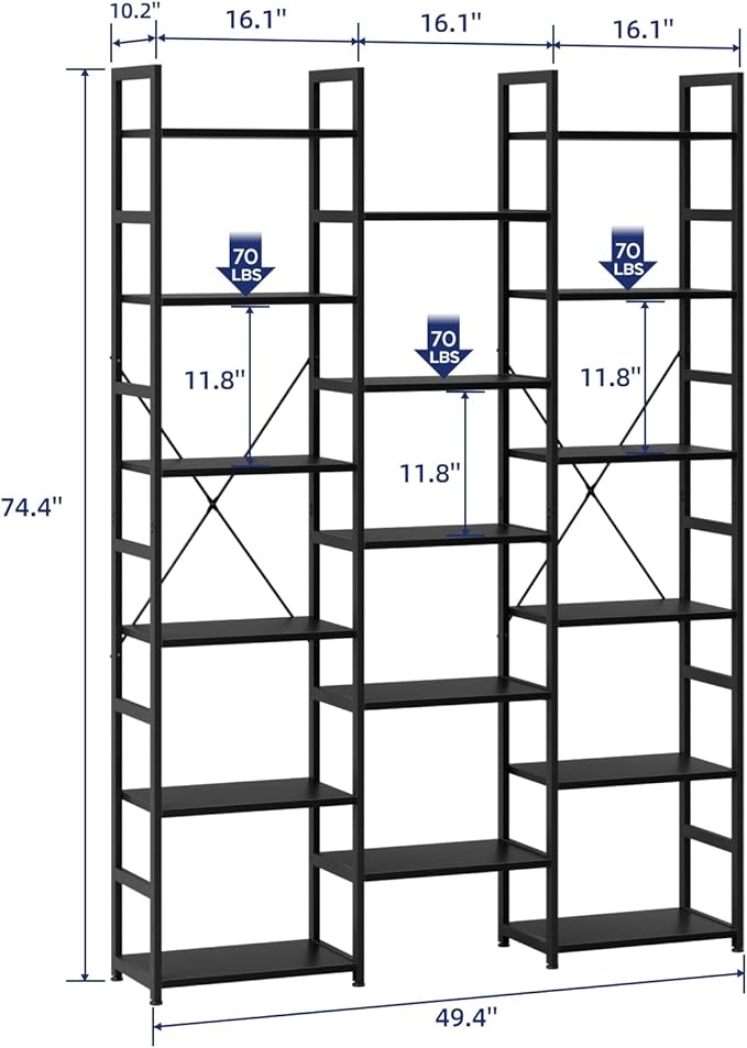 NUMENN Triple Column 6 Tier Bookshelf, Bookcase with 17 Open Display Shelves, Adjustable Rustic Industrial Style Book Shelves, Modern Bookshelves for Bedroom, Living Room and Home Office, Black