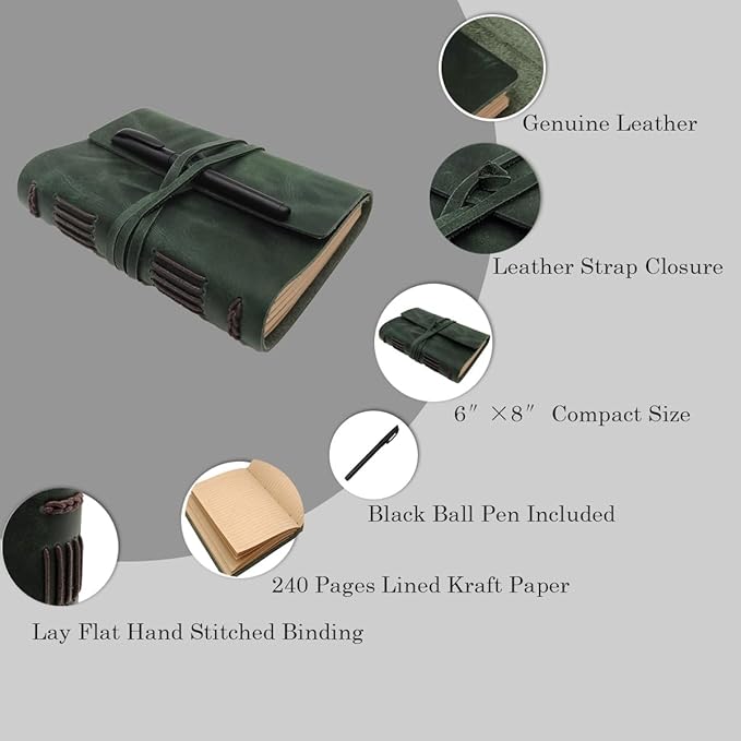 Green Notebook Journal - Nice Genuine Leather Journaling for write A5 Size Diary 6.2x8.5 Inch,Notepad For Women,Man,Vintage,Gifts,Work,Traveler,Personal, Dark Green