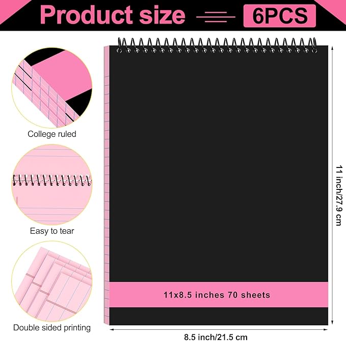 6 Pcs Legal Pad Top Spiral Bound Notebook 70 Sheets Wirebound Notepad Double Sided Ruled Memo Steno Book with Stiff Back Cover for Business(8.5 x 11 Inches,No Holes,Pink)