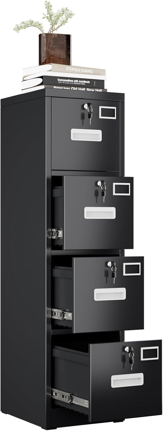 4 Drawer Metal Vertical File Cabinet with 4 Independent Locks, Home Office File Cabinet with Card Holder for Letter/Legal/A4 Folders, Black Filing Cabinet, Assembly Required, 4 Drawers
