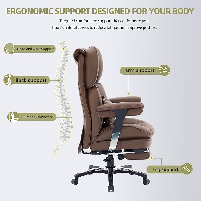 Efomao Big and Tall Office Chair with Footrest – High Back Computer Chair with Adjustable Armrests，Executive Office Chair with Wide Seat, Modern Desk Chair for Home Office, Gaming, or Study, Brown
