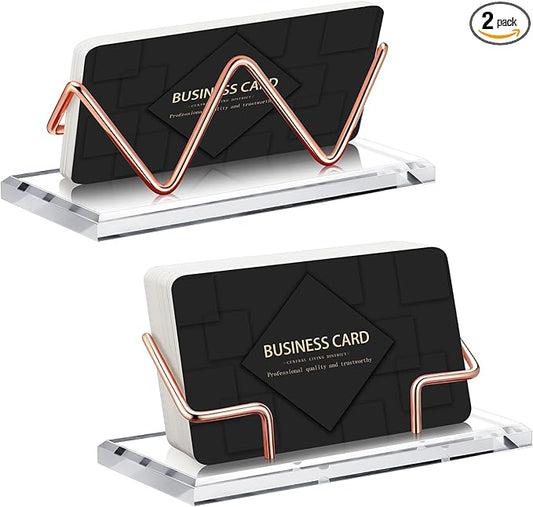 Amyhill 2 Pieces Acrylic Business Card Holder for Desk Clear Horizontal Business Card Display Stand Postcard Holder for Office Home Desktop (Rose Gold)