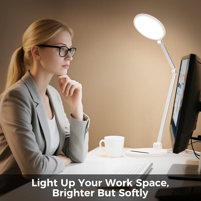 LED Desk Lamp for Home Office, Eye-Caring Desk Light for Video Call, Dimmable 3 Color Temperature 10 Brightness Computer Light, Led Desk Light, Memory & Timer Func, Adjustable Flexible Swing Arm