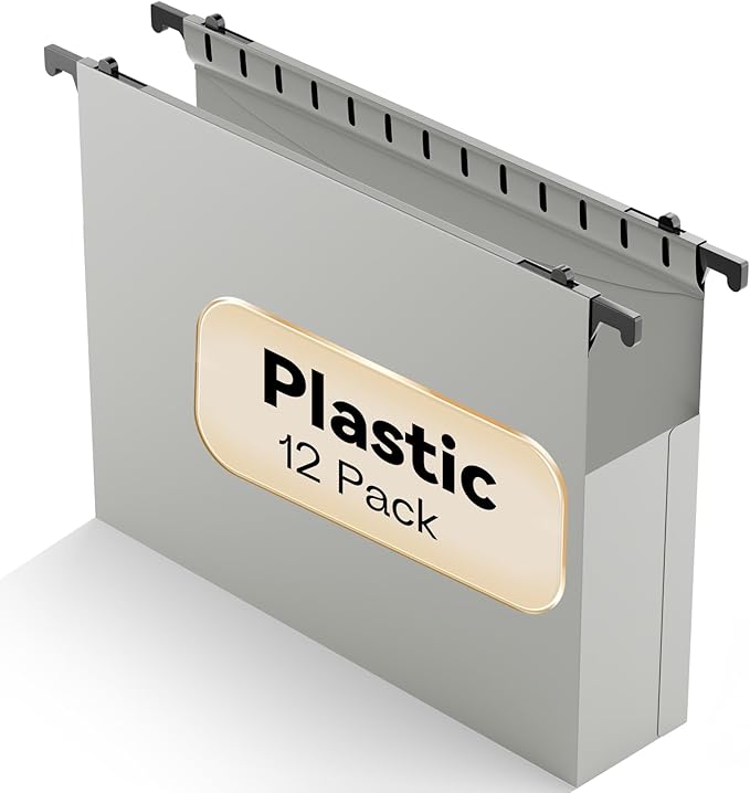 Plastic Extra Capacity Hanging File Folder Letter Size,12 Pack Reinforced Expandable Hanging Folders,Heavy Duty 2 Inch Expansion,Adjustable Tabs,Hanging Organizer Designed for Bulky Files(Gray)