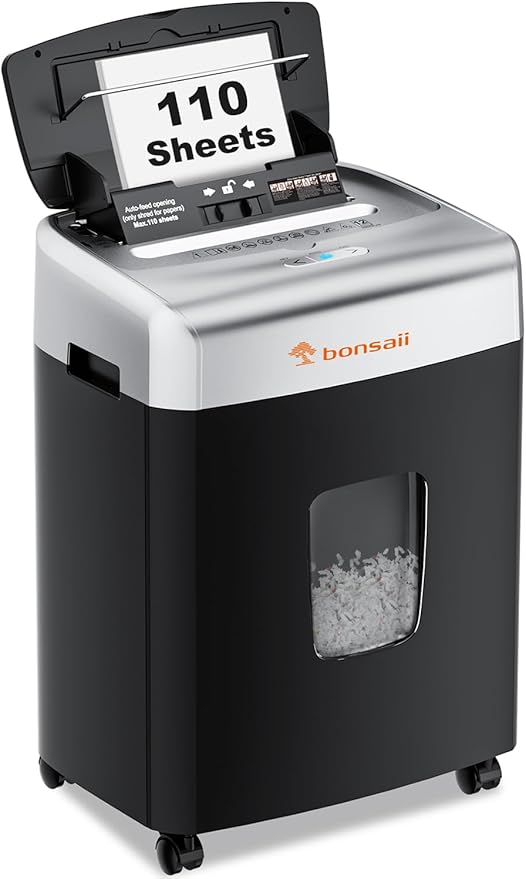 Bonsaii Paper Shredder for Office, 110-Sheet Autofeed Heavy Duty Shredder for Home Office Use, 30 Minutes/Micro Cut/P-4 High Security Level/6 Gallon Large Bin