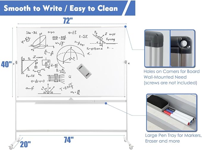 FORTUNO Large Magnetic Mobile Whiteboard 72"x40", Rolling Double Sided Stand Whiteboard on Wheels, Reversible Adjustable Height/Angle Dry Erase Board Easel White Board for Office Classroom
