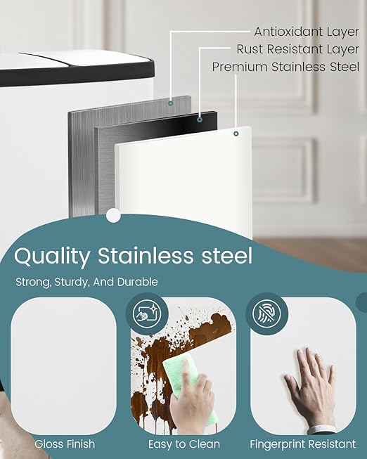 60L Dual Compartment Stainless Steel Trash Can, 16 Gallon White Kitchen Garbage Bin with Silent Sealed Lids, Pedal & Recyclable Waste Bins for Home/Office