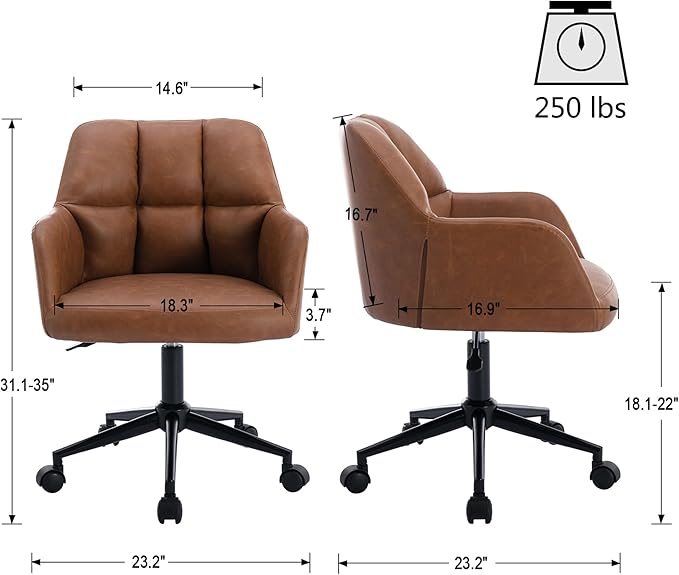 VESCASA Adjustable Home Office Desk Chair with Comfy Square Tufted Mid-Back, Faux Leather 360 Swivel Upholstered Task Armchair with Wheels for Teens Bedroom/Living Room, Brown