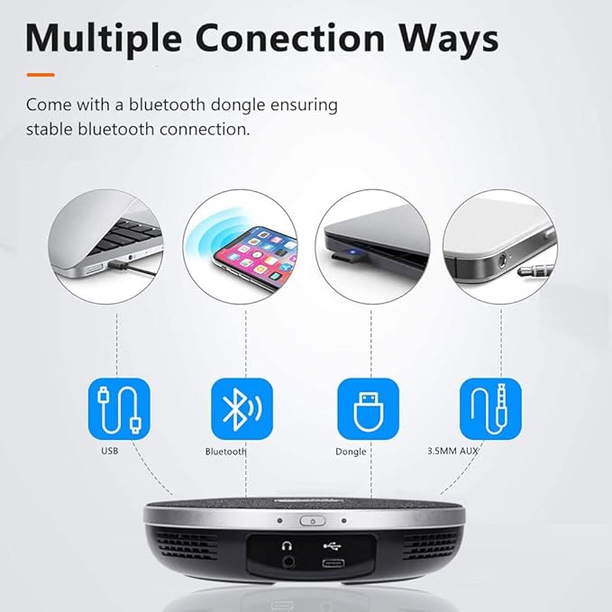 Bluetooth Speakerphone Conference Microphones, Wireless Conference Speaker 360°Voice Pick up with 4 AI Noise Cancellation Mics USB/Dongle/Bluetooth Connection 8 Hour Call Time for 8-12 People