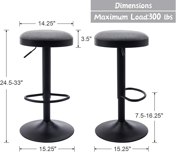 Round Swivel Counter Height Bar Stools Set of 2 Modern Adjustable Barstools Backless PU Leather Bar Chairs Industrial Island Chairs with Metal Base/Footrest for Kitchen Island/Pub/Cafe, Grey