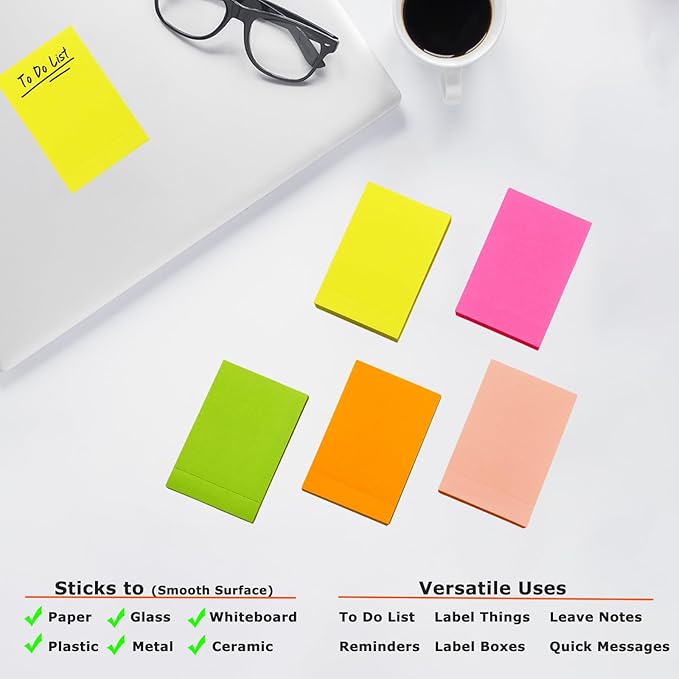 Full Adhesive Sticky Notes 3 x 2 in, Bright Colors, Colorful Small Sticky Notes Full Adhesive Back Self-Stick Note Pads for Office, School Supplies, 80 Sheets/Color, 5 Colors/Pack, 400 Sheets Total
