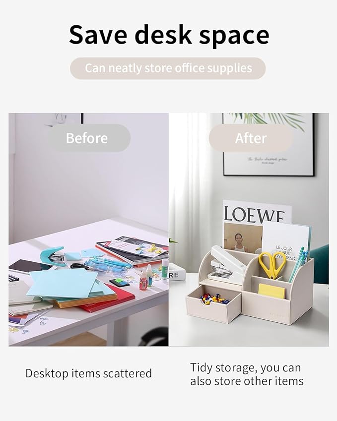 Vlando Office Desk Organizer Leather Desktop Organizer Caddy with Drawer for Storing Desktop Supplies and Accessories (White)