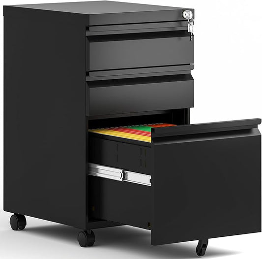 3 Drawer Mobile File Cabinet, Metal Under Desk Filing Cabinet with Lock and Wheels, Home Office Rolling File Cabinet for Legal/Letter Hanging File Folders, Fully Assembled (Black)