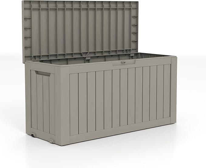 90 Gallon Lockable Resin Deck Box with Wheels, Waterproof & UV-Resistant Outdoor Storage Box for Outdoor Cushion Storage, Garden Tools & Pool Accessories Storage, Gray