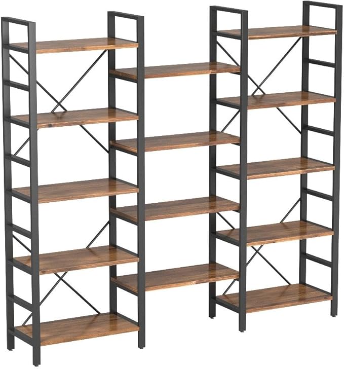 Tribesigns Triple Wide 5-Shelf Bookcase, Etagere Large Open Bookshelf Vintage Industrial Style Shelves Wood and Metal bookcases Furniture for Home & Office, 70 inch