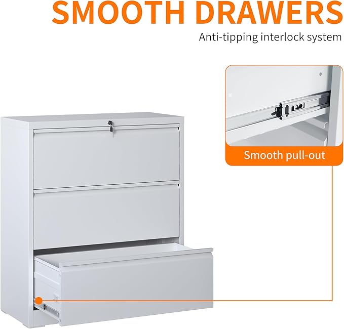 Locking Filing Cabinet with 3 Drawer Heavy Duty Large Metal Cabinet Home Office Lateral File Cabinets Wide Steel Cabinets for Legal/Letter Size File,Assembly Required