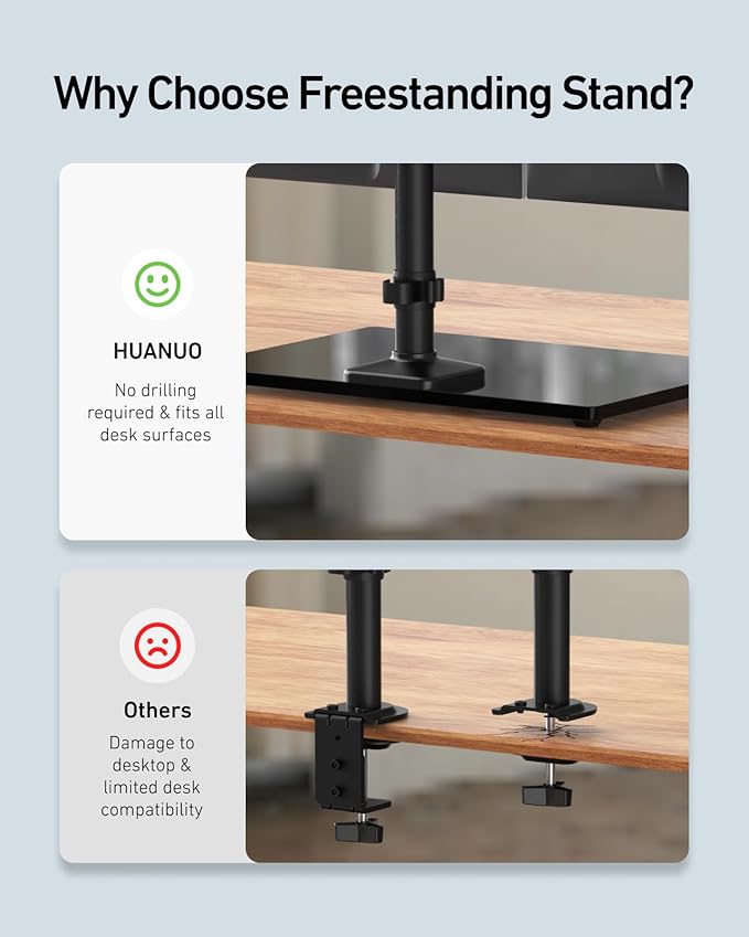HUANUO Freestanding Dual Monitor Stand, 32 Inch Dual Monitor Mount for 2 Screens, Holds up to 22 lbs per Arm, Monitor Arm Riser with Tempered-Glass Base, Tilt, Swivel, Rotation, Black