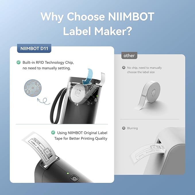 NIIMBOT Label Maker Machine D11 Label Printer Portable Wireless Connection Multiple Templates Available for Phone Easy to Use Office Home Organization USB Rechargeable