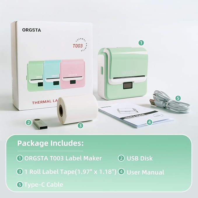 ORGSTA Label Maker Machine with Tape, T003 Thermal Label Maker, 3.15 Inch Bluetooth Label Printer Compatible with Phone & PC, Sticker Printer Barcode Thermal Maker for Small Business, Home, School