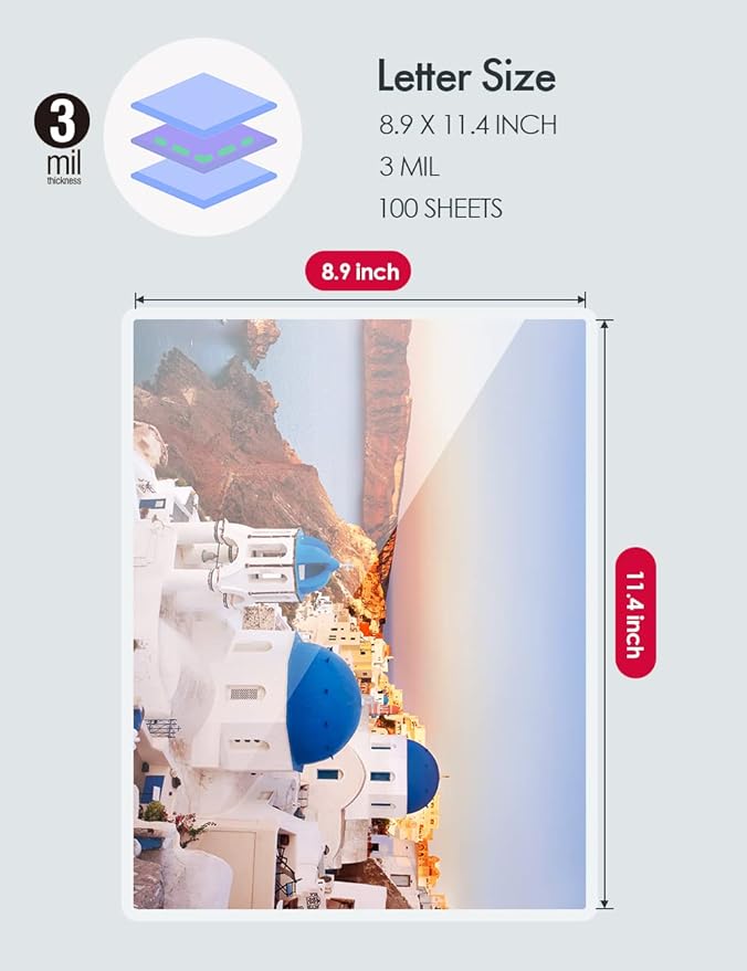 Thermal Laminating Pouches, 3mil Laminating Sheets, 8.9x11.4 Inches, Letter Size, HeatSeal, Clear (100pack)