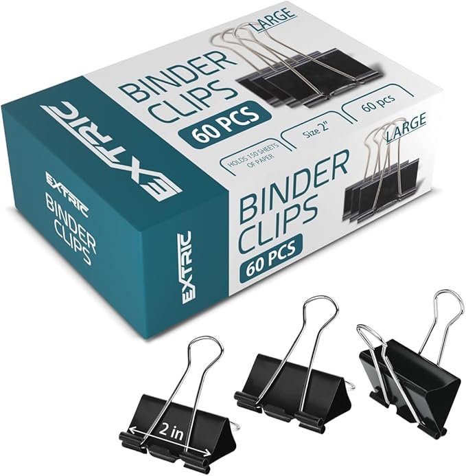 EXTRIC Binder Clips - 60 Pack, 2 Inch Black, Large, Tempered Steel Paper Clamps for Home, Office and School Supplies