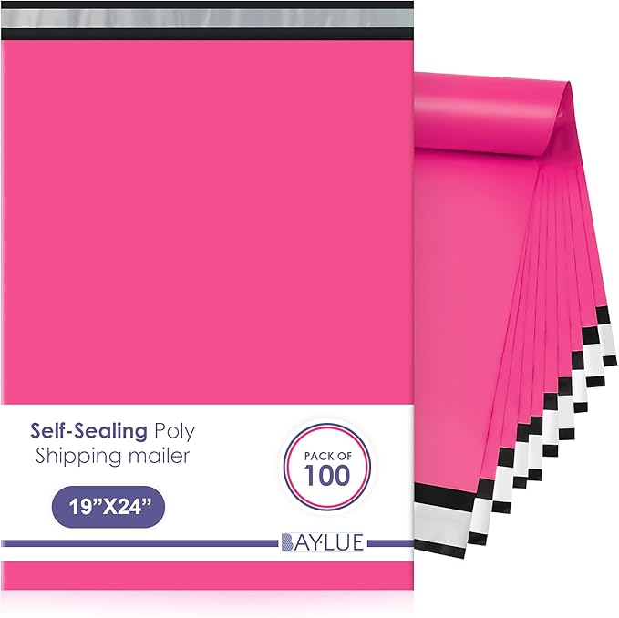 Hot pink Large Poly Mailers 19x24 Inch | Strong Adhesive Self-Seal Mailer Bags | Tear, Tamper, Water Resistant Shipping Envelopes Thick Strong polymailer Bags XL Clothing Shipping Bags | 100 Pcs Bulk