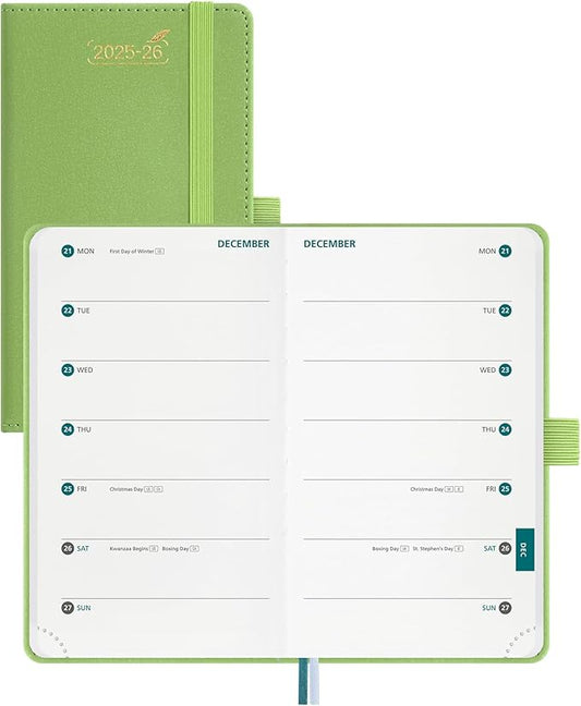 BEZEND Pocket Planner 2025-2026 Weekly with 2 Columns, 18-Month Academic Calendar (Jul 25-Dec 26), Life Work Appointment, Storage Pocket, Pen Holder, PU Leather Hardcover 3.5" x 6" - Fruit Green