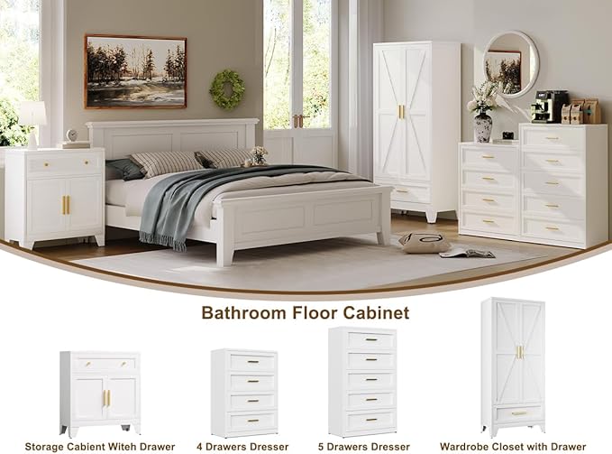 Farmhouse Wardrobe Cabinet with 2 Drawers,Metal Wardrobe Closet with Hanging Rod,Metal Armoire with Adjustable Shelves for Bedroom,Living Room, Cloak Room,Office (White)