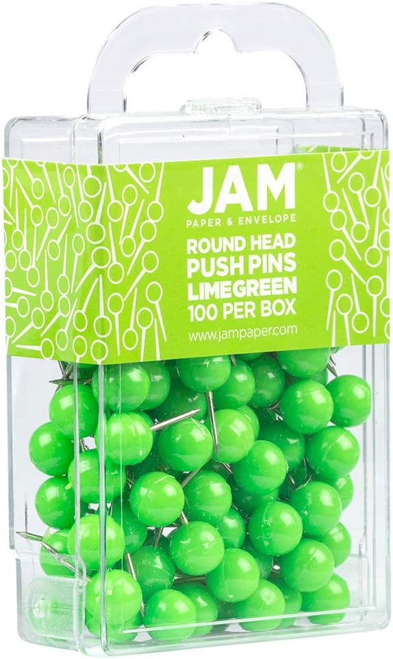 JAM PAPER Colorful Push Pins - Round Head Map Thumb Tacks - Lime Green Pushpins - 100/Pack