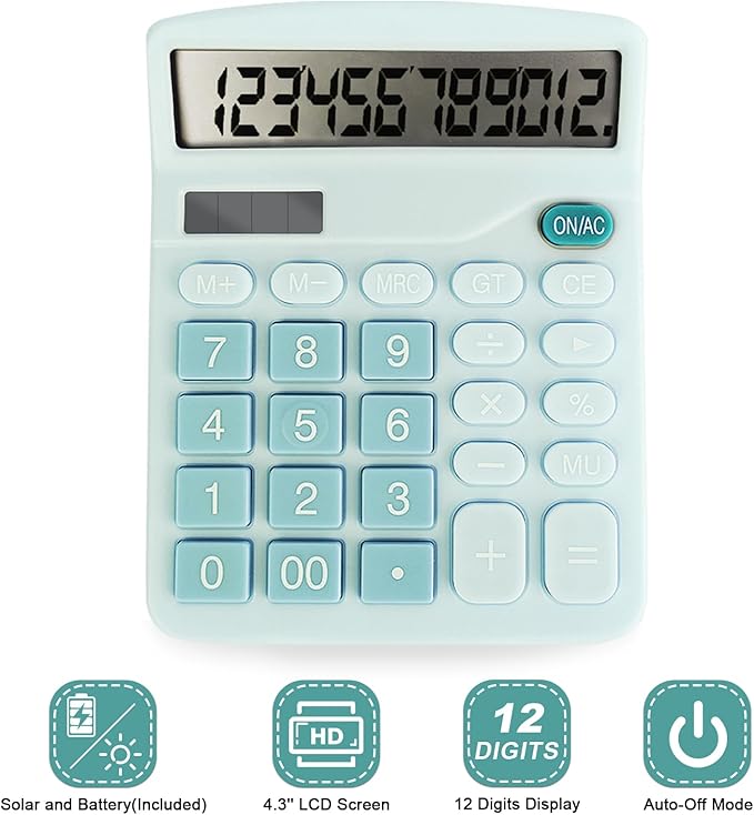 Basic Calculator with Comfortable Large LCD Display, 12 Digits Calculators Desktop, Tilt Screen, Big Button, Desk Calculator with Dual Power (Solar & Battery Included) (Blue)