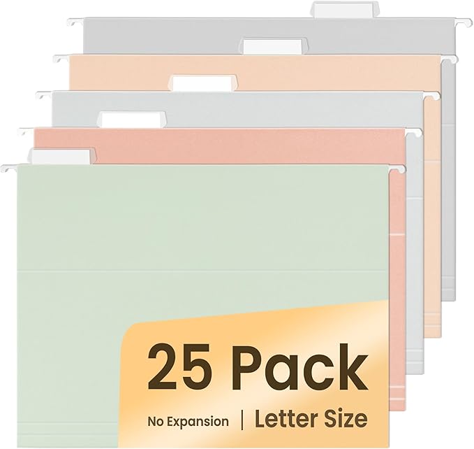 SUNEE 25 Count Hanging File Folders, Pastel Colors, Hanging File Folders Letter Size, Hanging Folders with 1/5-cut Tabs, Designed for Bulky Files, Filing Cabinets, Medical Charts
