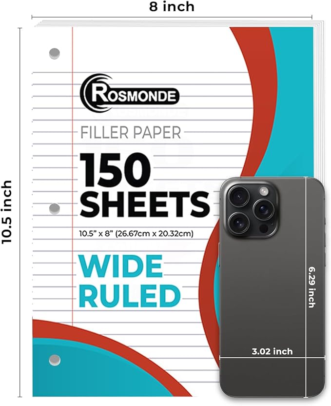 6 Pack Loose Leaf Paper, 900 Sheets, Wide Ruled Paper, 8" x 10.5", Bulk Notebook Paper, 150 Sheets/Pack, Fits Standard 3 Ring Binders, Wide Ruled Filler Paper for School, White Notebook Paper