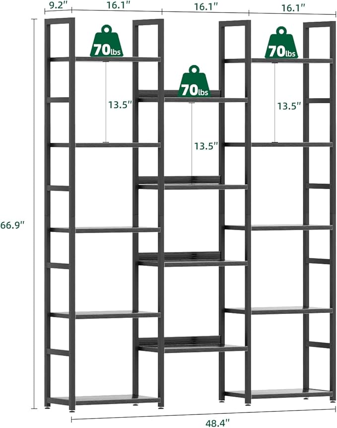 OTK Triple Column 5 Tier Bookshelf, Large Bookcase with 14 Open Display Shelves, Adjustable Industrial Book Shelf with Baffles, Wide Bookshelves for Bedroom, Living Room and Home Office, Black
