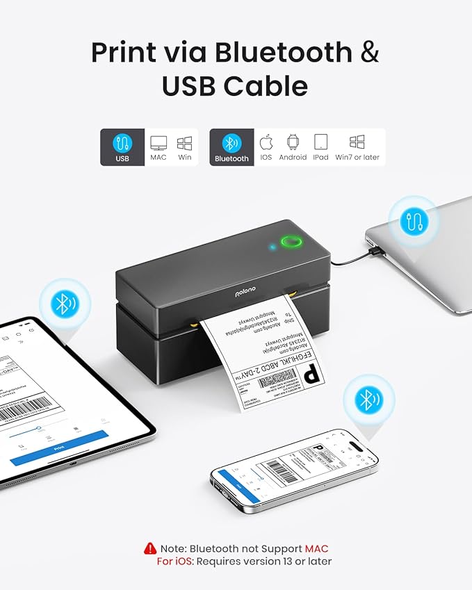 POLONO Bluetooth Thermal Shipping Label Printer, Wireless 4x6 Shipping Label Printer for Small Business, Support iOS, Android, Windows and Mac, Compatible with Amazon, Ebay, Shopify, Etsy, USPS(Black)