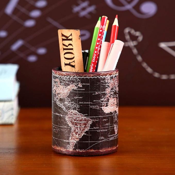 Black World Map Pencil Holder for Desk, PU leather Pencil Cup, Globe Pen Holder for Desk Office Supply Organizer PH46