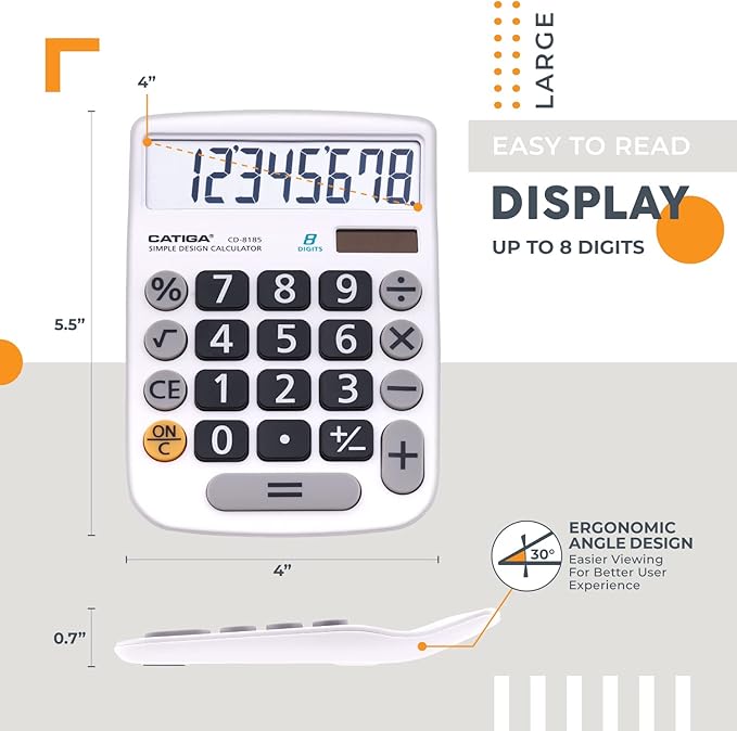 CATIGA Desktop Calculator 8 Digit with Solar Power and Easy to Read LCD Display, Big Buttons, for Home, Office, School, Class and Business, 4 Function Small Basic Calculators for Desk, CD-8185