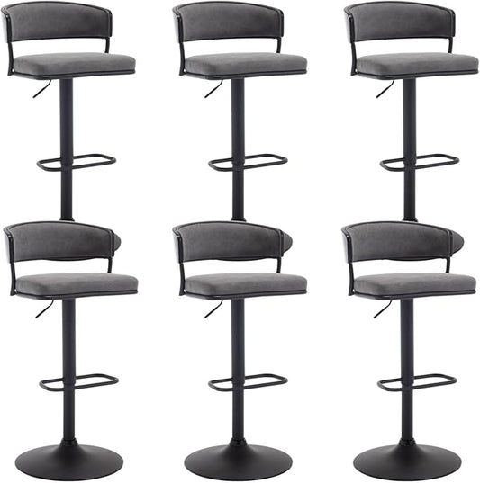 Adjustable Modern Bar Stools Set of 6 Faux Leather Barstools Swivel Counter Height Bar stools with Curved Back/Black Metal Base Comfy Upholstered Bar Chairs for Kitchen Island, Grey