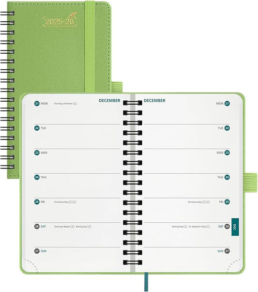 BEZEND Pocket Planner 2025-2026 Weekly with 2 Columns, 18-Month Academic Calendar (Jul 25-Dec 26), Life Work App., Storage Pocket, Pen Holder, PU Leather Softcover 3.5" x 6" Spiral - Fruit Green
