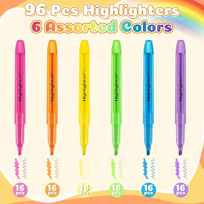 GORWARE 96 Pcs Highlighters, 6 Assorted Colors, Chisel Tip, Non-Toxic Markers for Highlighting at Home, School, or Office – Perfect for Adults & Kids (96)