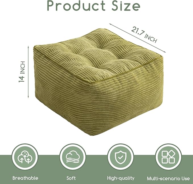 HIGOGOGO Square Stuffed Pouf Ottoman, Corduroy Poufs with Foam Chunk Filling, Furry and Fluffy Pouf Foot Stool Storage Ottoman, 21 X 21 Floor Poufs Foot Rest for Living Room, Green