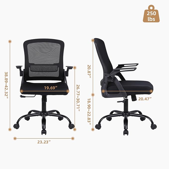 Office Chair, Ergonomic Desk Chair with Lumbar Support, Breathable Mesh Chair with Flip-up Armrests and Mid Back, Comfy Task Computer Height Adjustable Swivel Chair (8, Black)