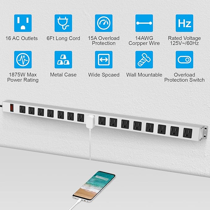 JUNNUJ Metal 16 Outlet Power Strip, Mountable Heavy Duty Power Strip, 1200J Surge Protector Wall Mount Screws Outlet with Switch, Gaming Desk Strips Wide Spaced 15A 125V 1875W, 6 FT 14AWG Power Cord
