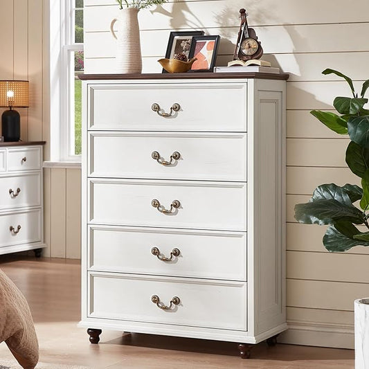 Farmhouse 5 Drawer Dresser for Bedroom, 45" Tall Rustic Chests of Drawers w/ 4 Solid Wood Feet, Mid Century Modern Wooden Closet Storage Dressers Organizer for Living Room, Hallway, White
