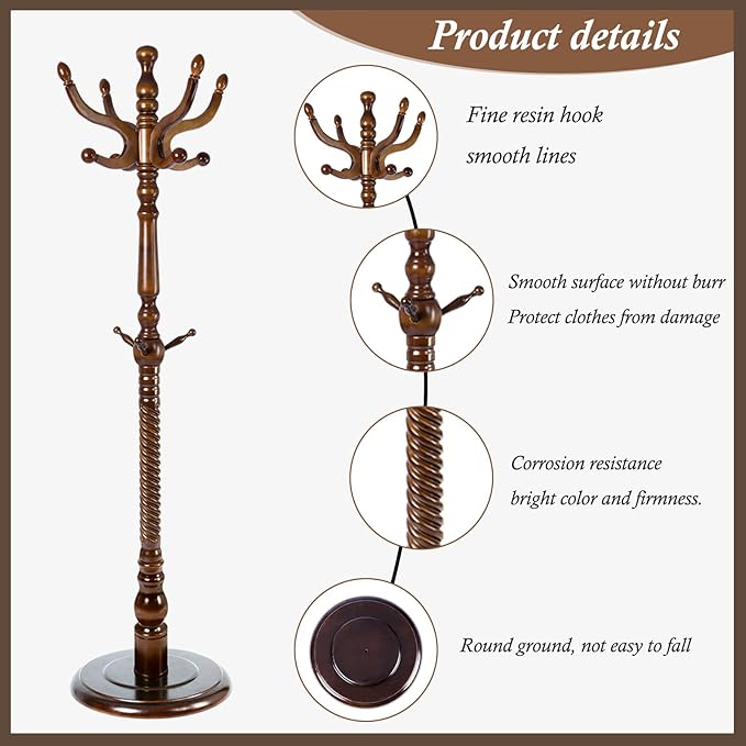 Wooden Coat Rack Freestanding, Vintage Coat Racks with Sturdy Round Base, Adjustable Height 37.40"-72.83" Entrance Coat Rack for Bedroom Living Room Entryway (Vintage Circular)
